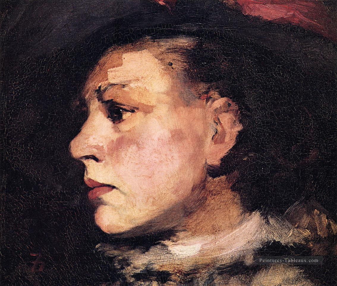 Profil de Fille avec un portrait de chapeau Frank Duveneck Peintures à l'huile